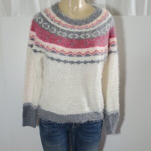 It's Our Time Womens Fuzzy White Multicolor Sweater Size L
